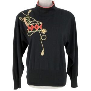 Laurel Escada Sweater Womens 8 US 36 EU Black Wool Embroidered Shoulder Pads Vtg